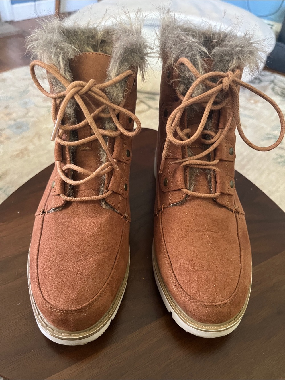 Faux Fur Trim Rust Suede Lace-Up Winter Boots